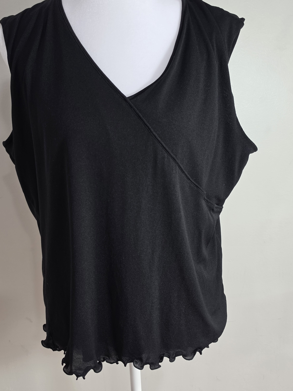 Kathie Lee Collection Black Sleeveless Wrap Tank with Ruffle Hem